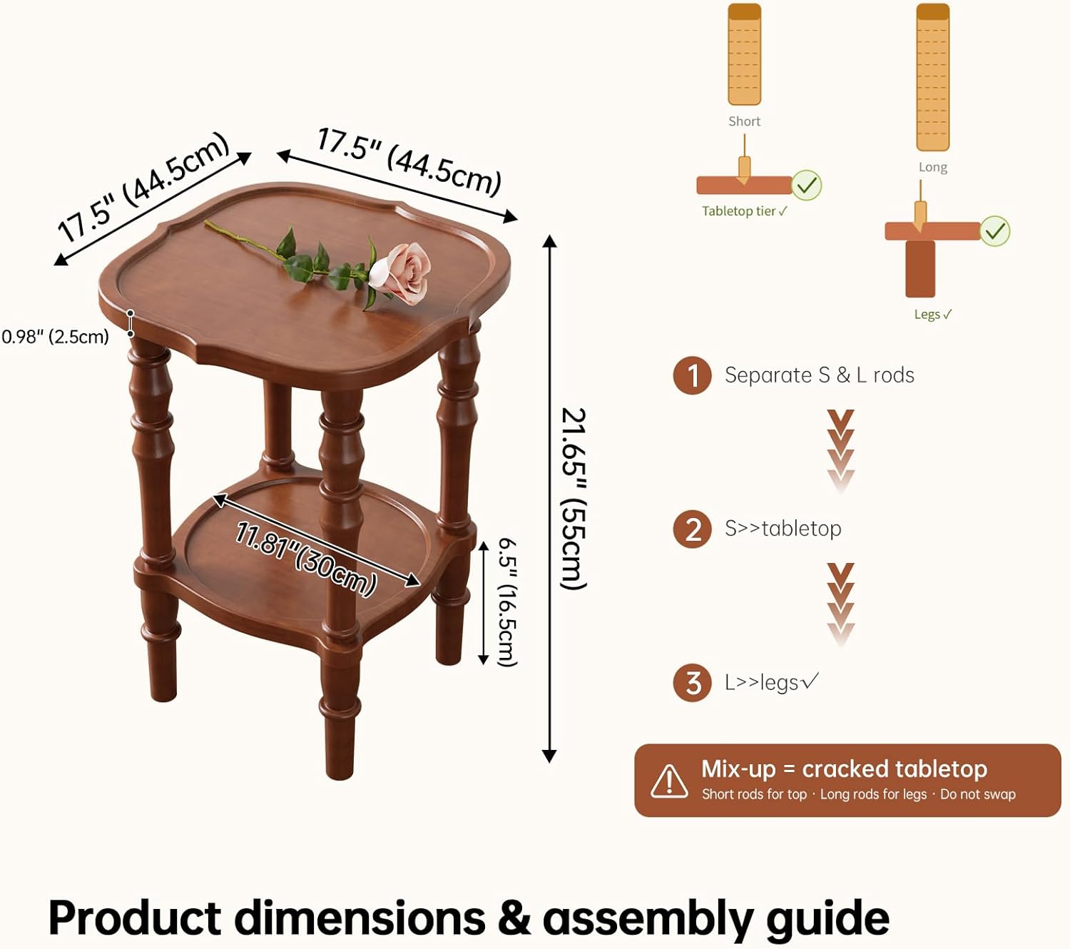 100% Solid Wood Side Table, Vintage 2-Tier Small Round End Table, Nightstand with Handcrafted Spindle Legs, Wooden Accent Table for Small Spaces, Living Room, Bedroom, 5-Min Assembly, Walnut