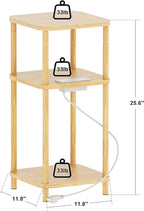 Bamboo End Table with Charging Station, Side Table for Small Space, Small Table Stand, Narrow Wooden Bedside Table Nightstand with Shelves, for Nursery, Living Room, Bedroom, Natural