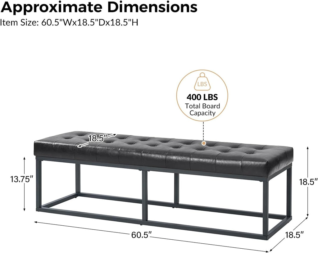 HULALA HOME 61" Faux Leather Bench with Metal Base, Upholstered Bedroom Bench for End of Bed, Button-Tufted Footstool for Entryway Living Room Dining Room, Black