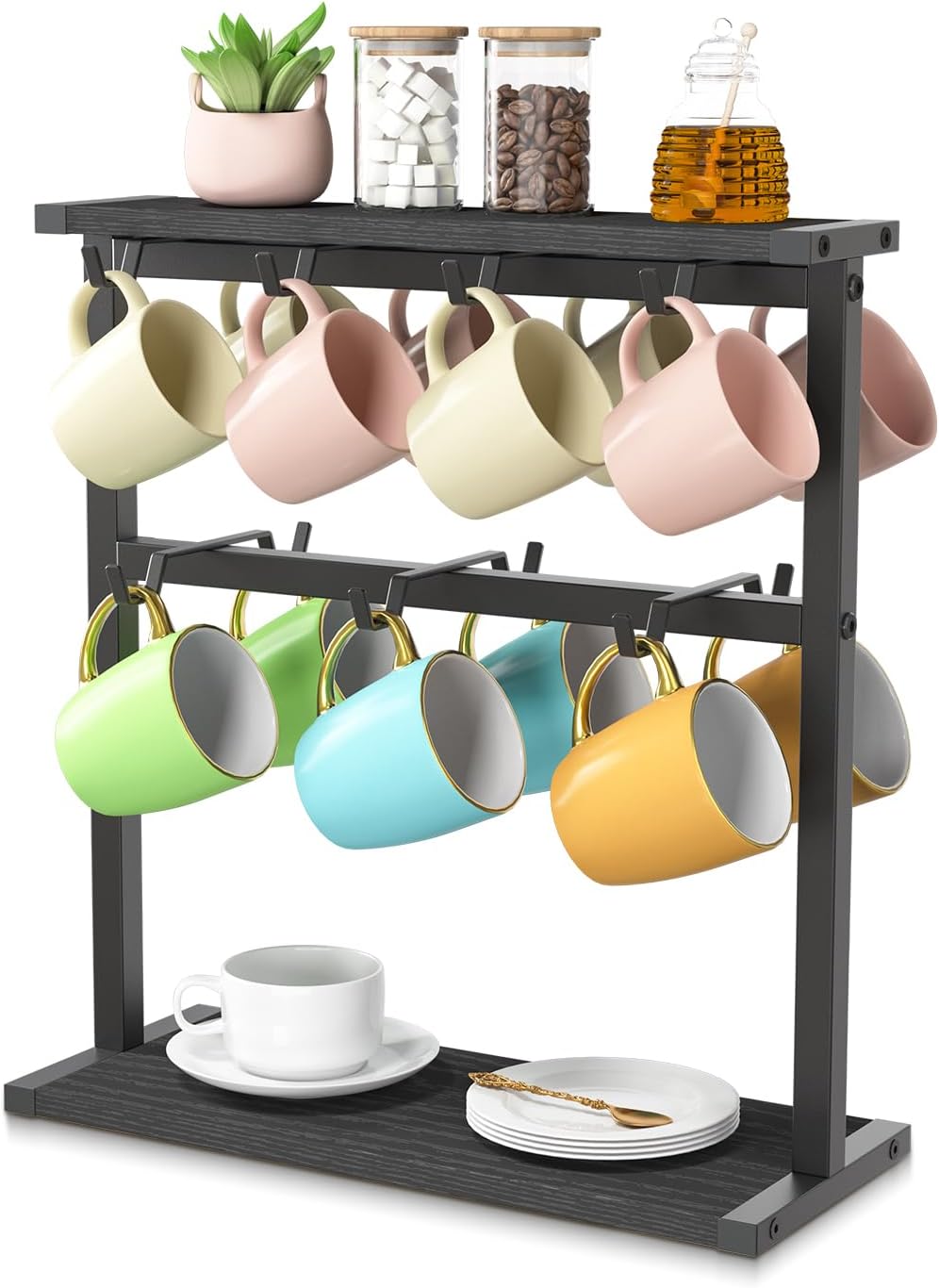 EsLuker.ly Coffee Mug Holder Cup Tree Rack for Countertop, 2 Tier Rustic Wood Coffee Bar Station Organizer Narrow Display Stand for Kitchen Office, Hold 14 Mugs with Sturdy Base, Free Up Counter Space