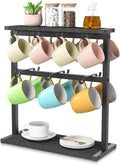 EsLuker.ly Coffee Mug Holder Cup Tree Rack for Countertop, 2 Tier Rustic Wood Coffee Bar Station Organizer Narrow Display Stand for Kitchen Office, Hold 14 Mugs with Sturdy Base, Free Up Counter Space