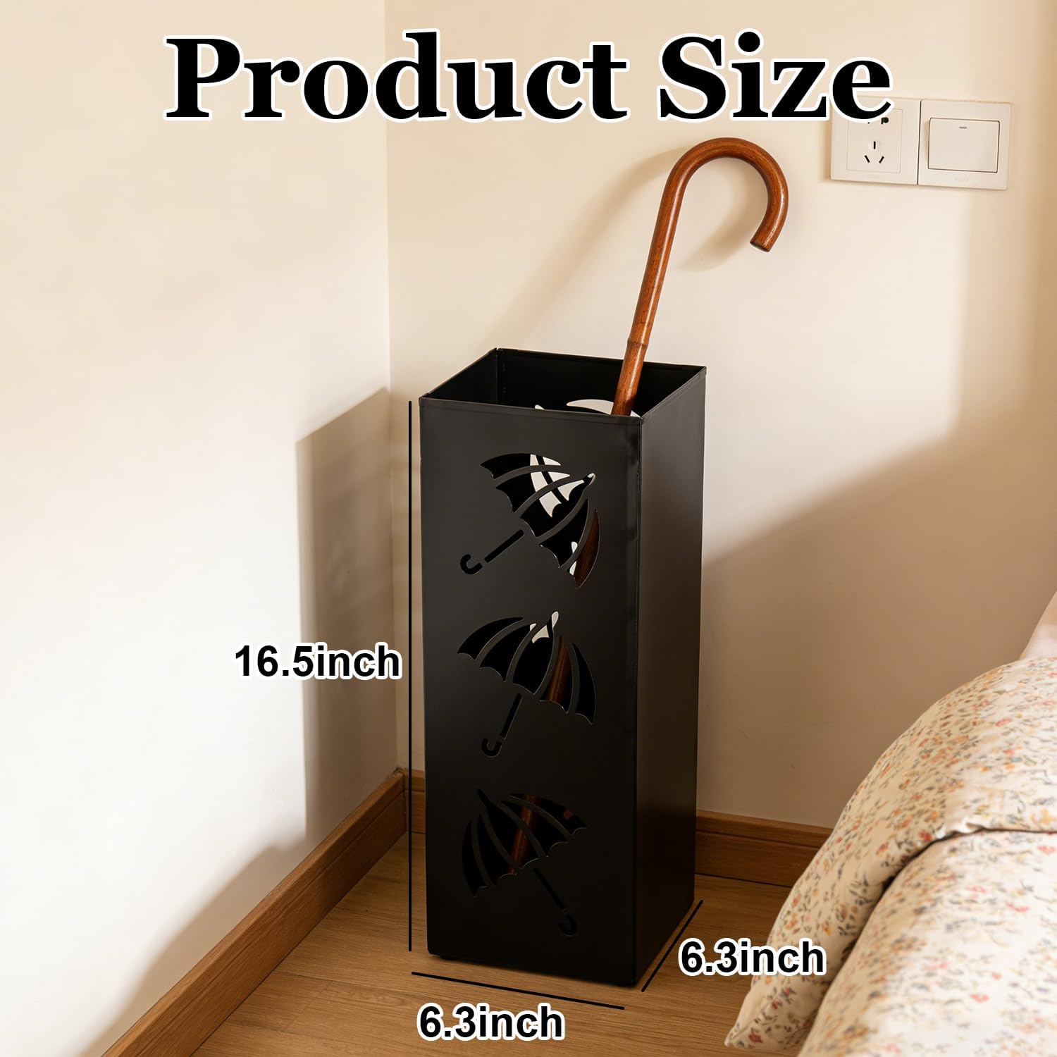 Metal Umbrella Holder, Square Stand for Entryway and Home Decor, 6.3" x 6.3" x 16.5" in Black, Sturdy Rack for Walking Canes and Umbrellas
