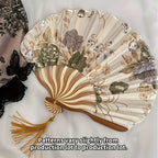 2Pcs Women's Vintage Floral Folding Fan, 11.02in Long, 9.05in Diameter, Handcrafted Chinese Style Fan With Tassel, Portable Decorative Fan,（Beige）