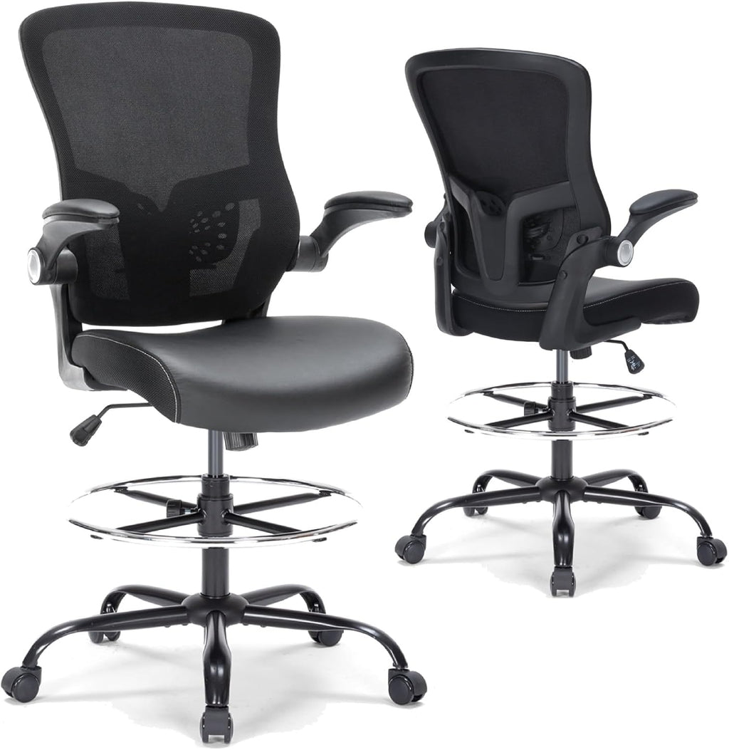 Drafting Chair, Tall Office Chair with PU Leather Seat, Ergonomic Standing Desk Chair with Lumbar Support Counter Height Office Chair with Adjustable Footrest Ring Flip-up Armrests