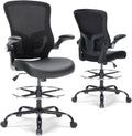 Drafting Chair, Tall Office Chair with PU Leather Seat, Ergonomic Standing Desk Chair with Lumbar Support Counter Height Office Chair with Adjustable Footrest Ring Flip-up Armrests