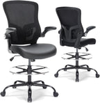 Drafting Chair, Tall Office Chair with PU Leather Seat, Ergonomic Standing Desk Chair with Lumbar Support Counter Height Office Chair with Adjustable Footrest Ring Flip-up Armrests