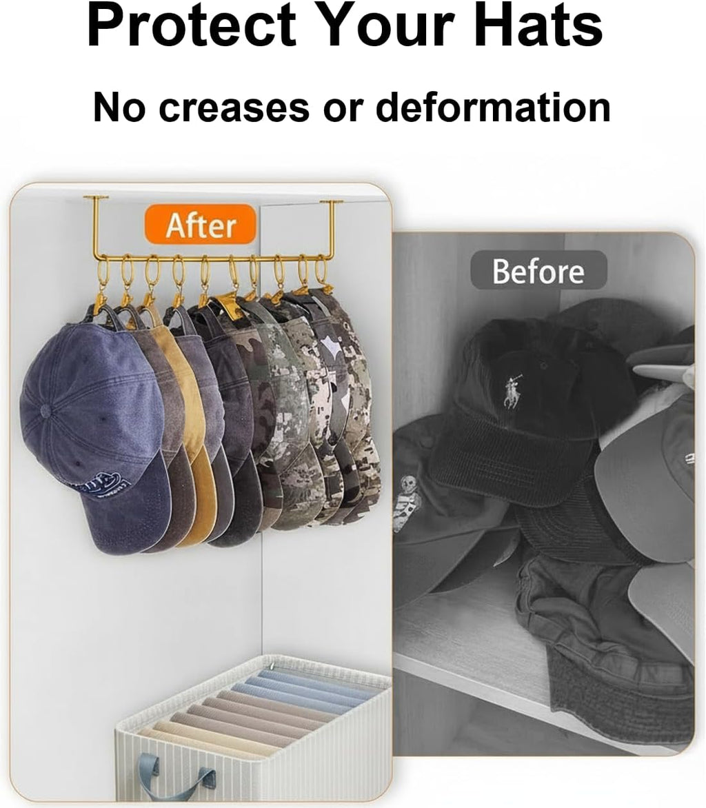Viklluyr Hat Organizer for Baseball Caps Hat Rack with 20 Hooks - Sturdy Metal Hat Storage Wall Mounted Caps Hanger Set of 2 for Closet Door Bedroom Entryway Laundry(Gold)