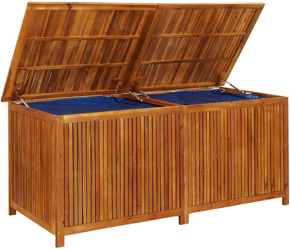 Solid Acacia Wood Patio Storage Box 68.9x31.5x29.5 Inches with Gas-Lift Lid, Waterproof Zippered Bag, Bench and Side Table for Cushions, Garden Tools
