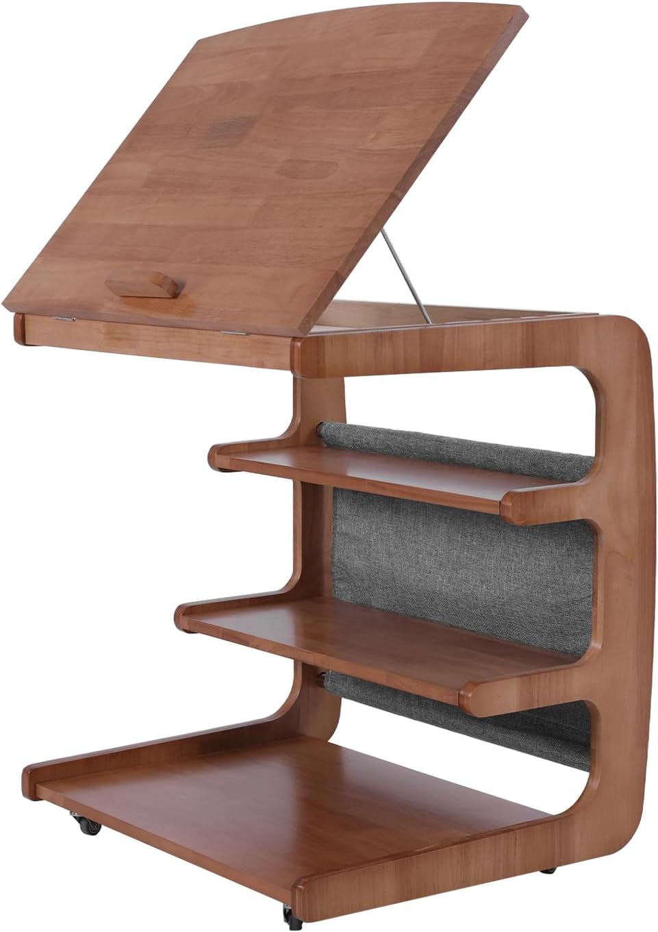 C-Shaped End Table with 2 Lockable Wheels 4-Tier Small Side Table with Storage Bag Adjustable Desktop 360 Degree Swivel TV Tray for Living Room Bedroom Use (Natural Wood Color 60CM)