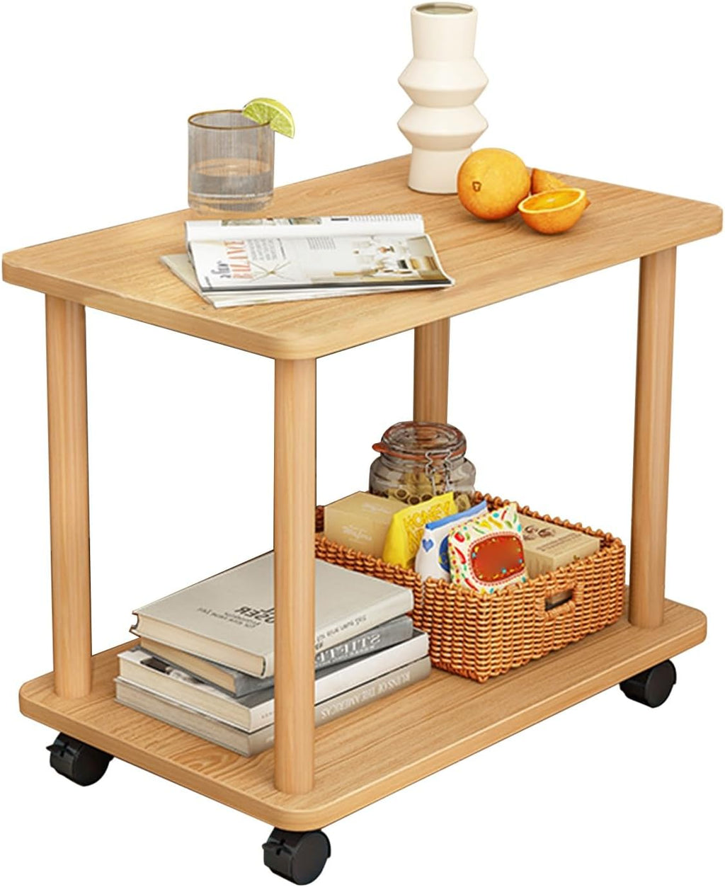 2-Tier End Table with Wheels, Compact MDF Wooden Bedside Nightstand Simple Side Table 150Lbs Narrow End Tables for Small Spaces Bedroom Living Room Entryway Wooden Color
