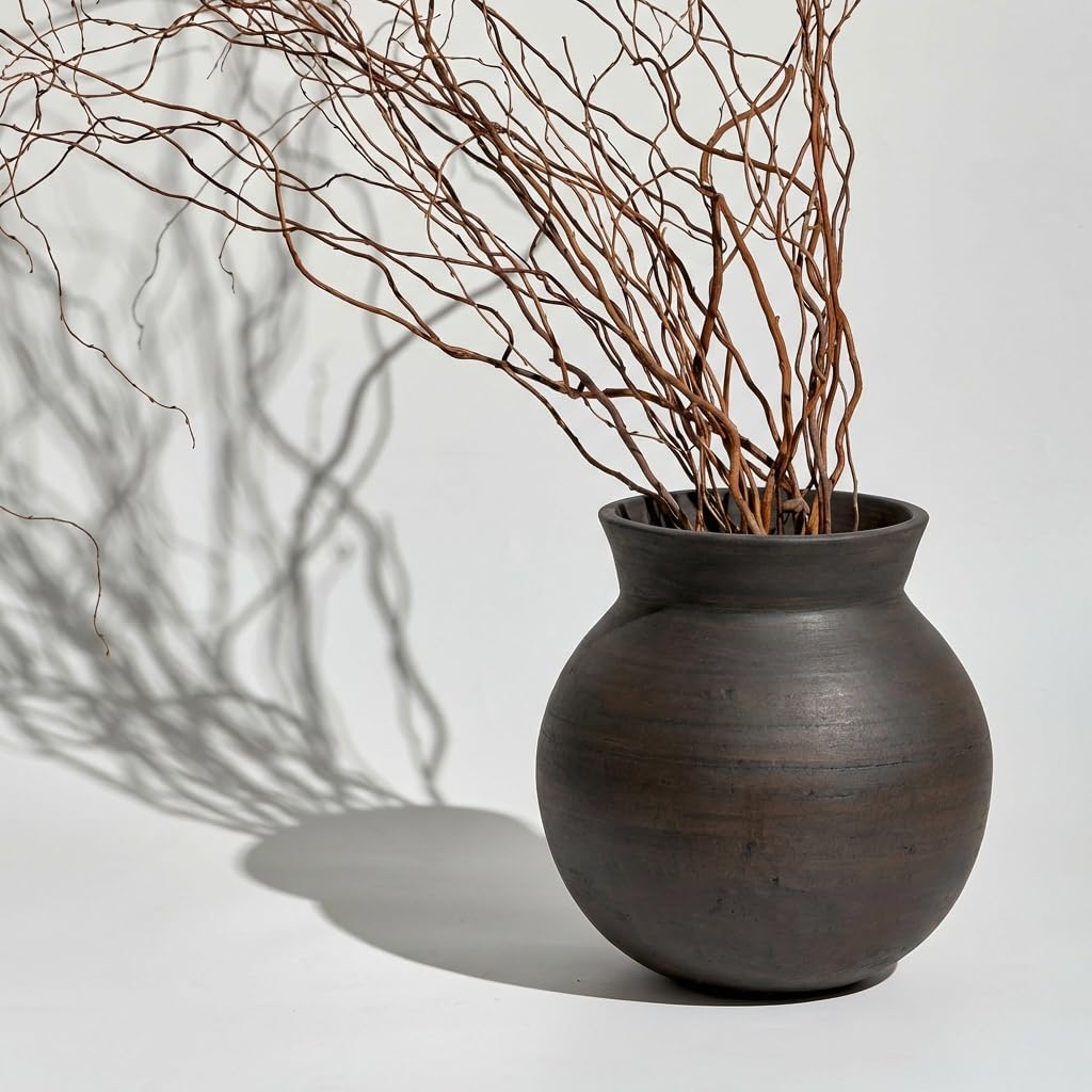 LB2 Brown Ceramic Large Vase, 13" Tall Zen Style vase, Terra Cotta Pitcher, Distressed Farmhouse Decor, Pottery Decorative Flower for Home Decor
