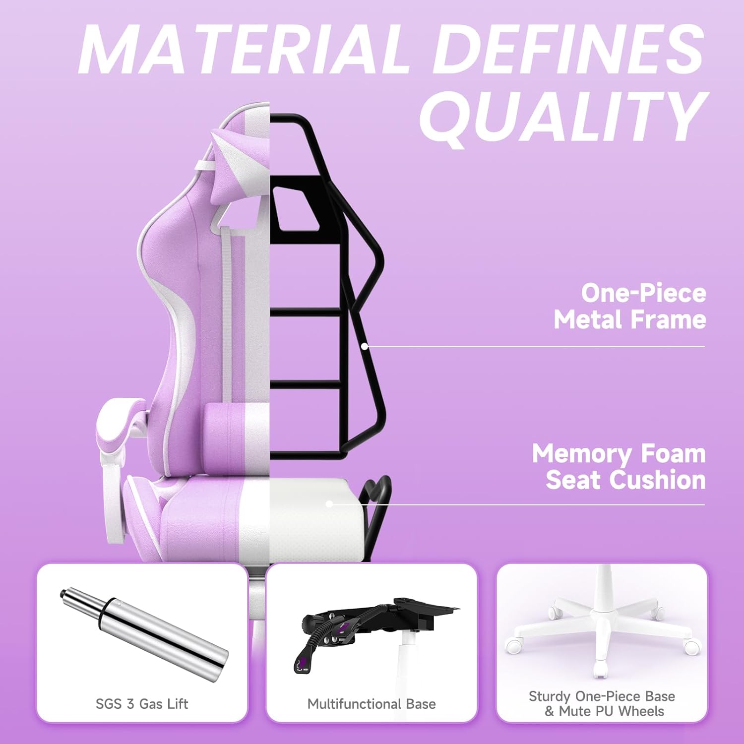 Ferghana Kawaii Light Purple Gaming Chair with Bunny Ears, Ergonomic Cute Gamer Chair with Footrest and Massage, Racing Reclining Leather Computer Game Chair for Girls Adults Teens Kids