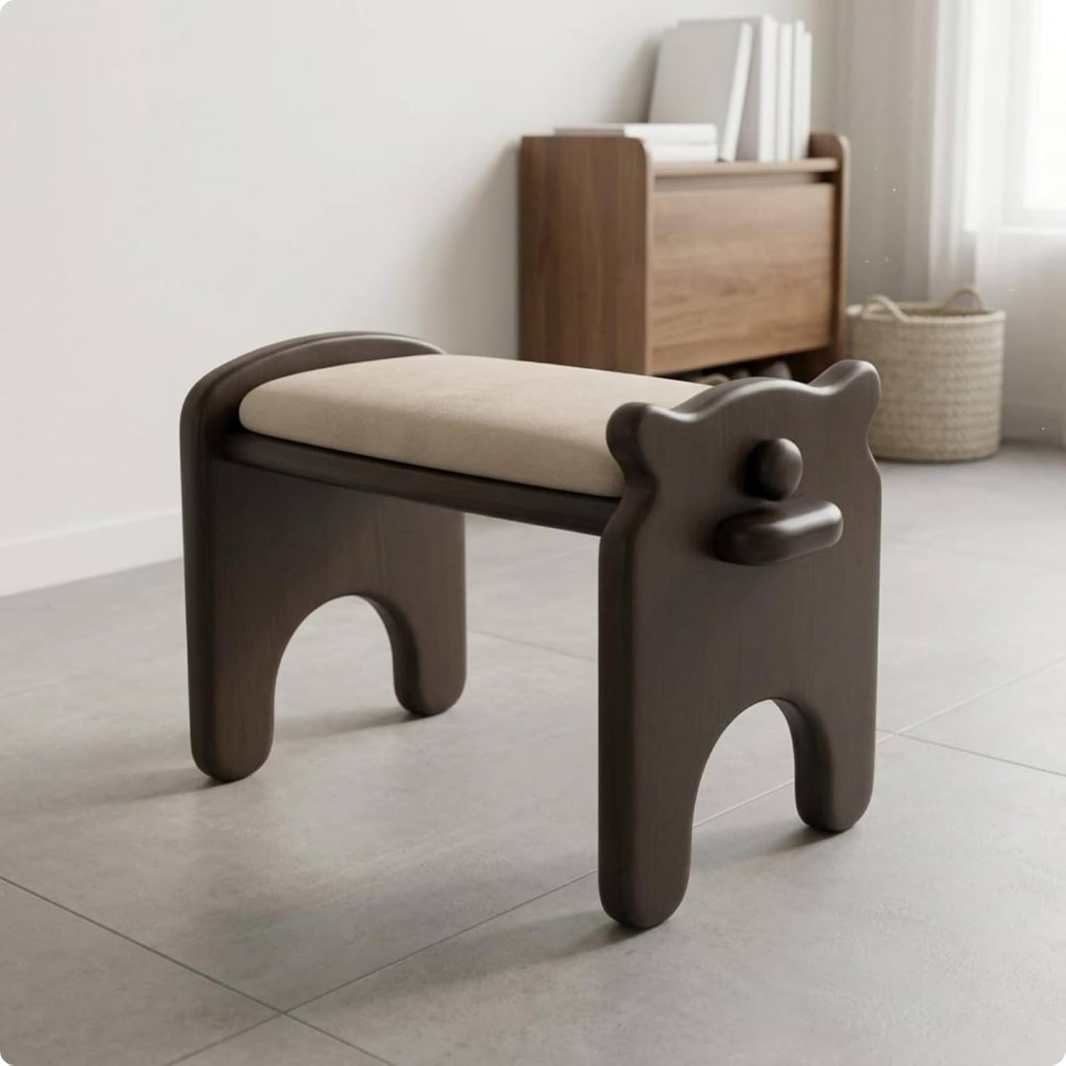 Composite Footstool Dog Shaped Stool Ottoman Bench Seat Low Stool Footrest with Solid Wood Frame PU Leather Cushion and Soft Foam Filling Suitable for, Cherry Wood