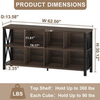 FATORRI 8 Cube Storage Organizer Bookshelf, 62 Inch Rustic Wood Horizontal Bookcase, Farmhouse Cube Long Book Shelf, TV Console Stand for Living Room (Dark Walnut)