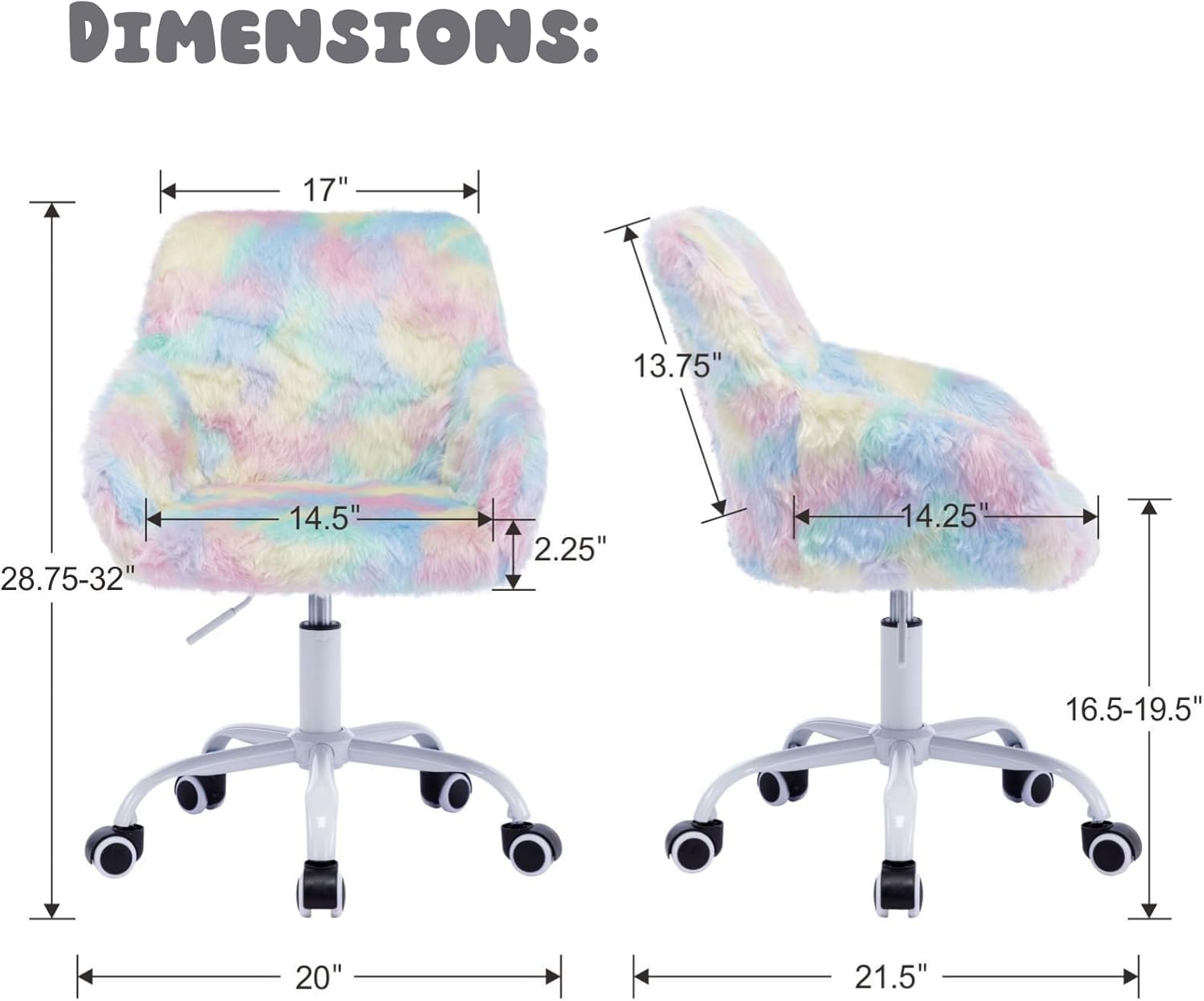 LukeAlon Kids Adjustable Desk Chair, Furry Study Chair with Swivel Base, Cute Faux Fur Reading Chair, Comfy Upholstered Computer Chair with Arms for Girls Children, Light Colorful