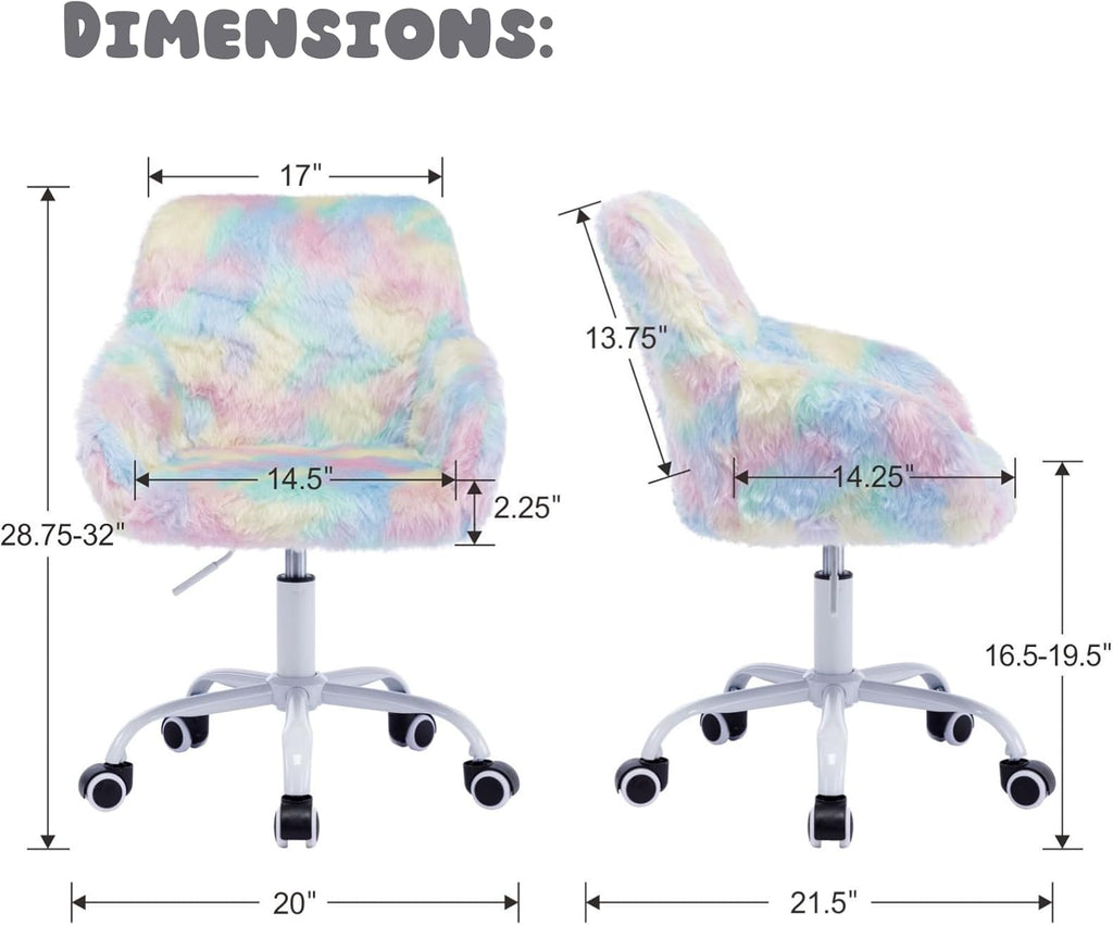 LukeAlon Kids Adjustable Desk Chair, Furry Study Chair with Swivel Base, Cute Faux Fur Reading Chair, Comfy Upholstered Computer Chair with Arms for Girls Children, Light Colorful