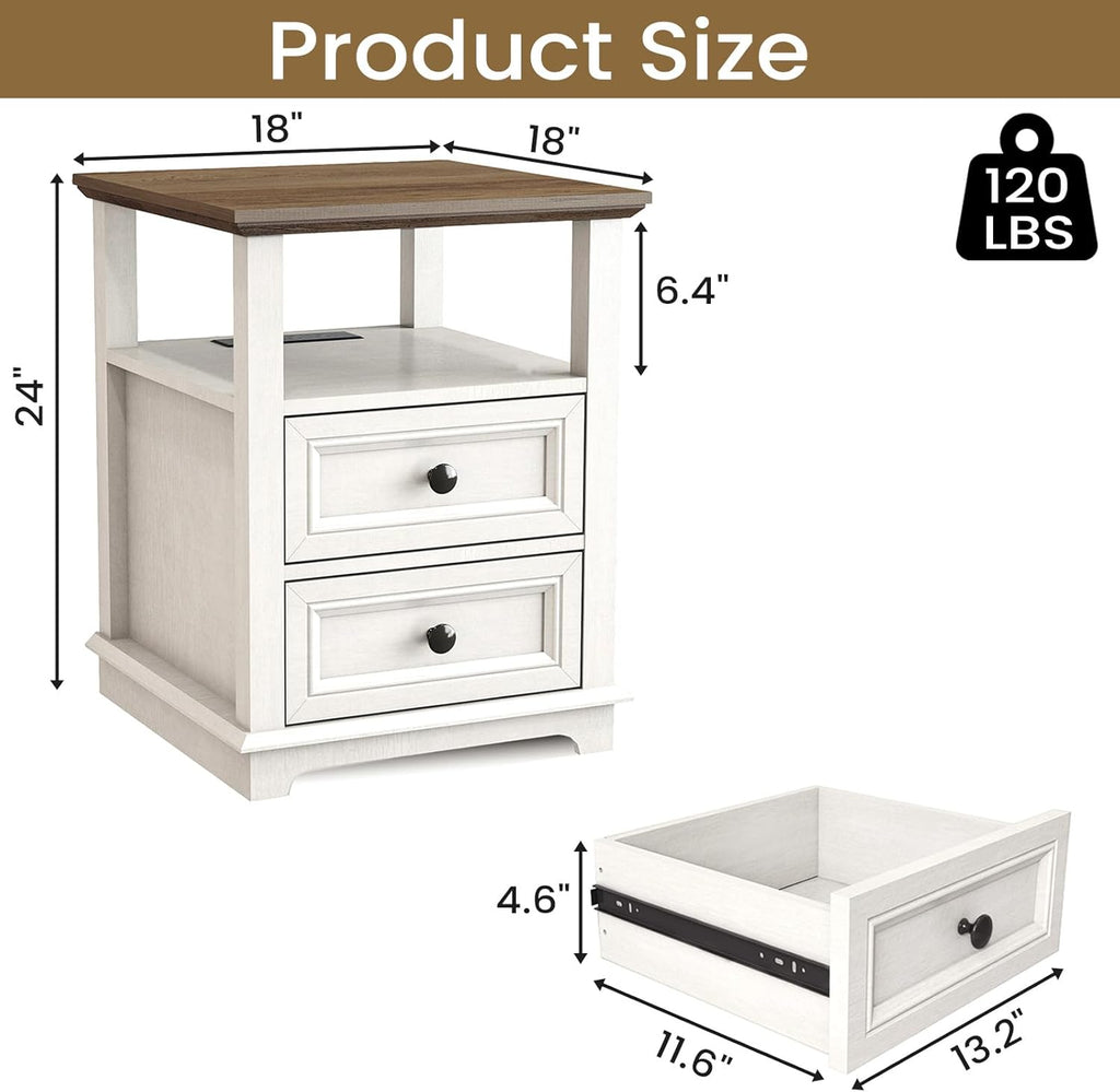 End Table with USB C Charging Station, 18" Wide Side Table with 2 Drawers, Farmhouse Nightstand, Space-Saving Table for Living Room, Bedroom, Office (1, Rustic White)