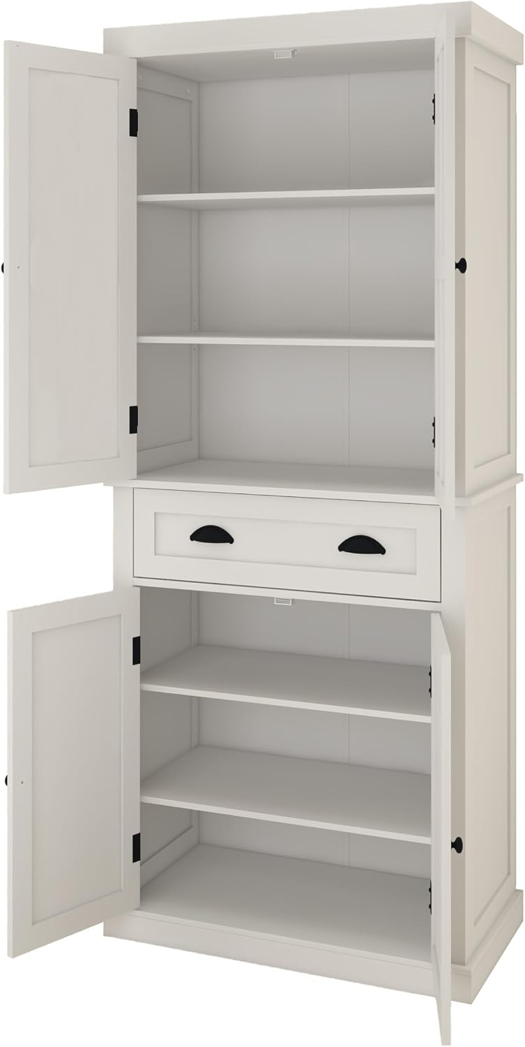 Freestanding Kitchen Pantry with Dawer, 4 Shelves, 2 Double Doors, Rectangular Storage Cabinet, Modern Minimalist, for Living Room, Dining Room, White