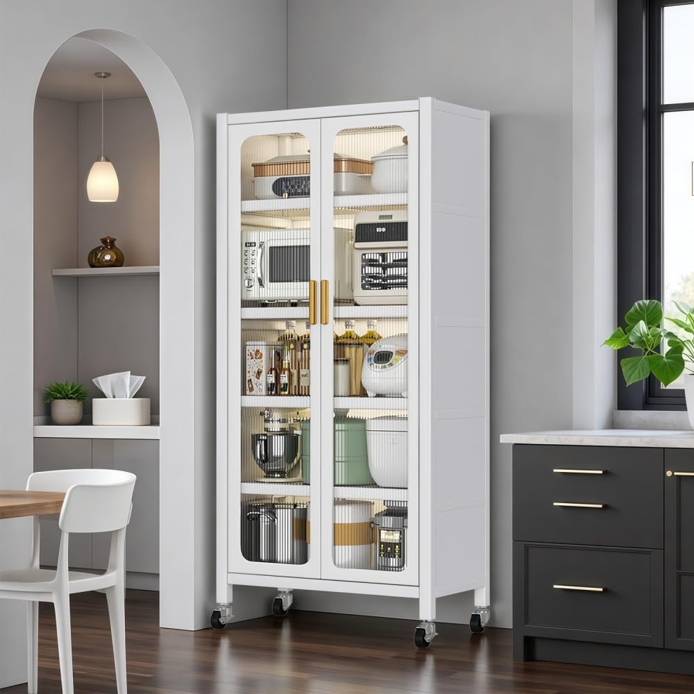65" Kitchen Pantry Storage Cabinet - Metal 6-Tier Cabinet Transparent Doors with Wheels & Adjustable Shelves for Living Dining Room (White)