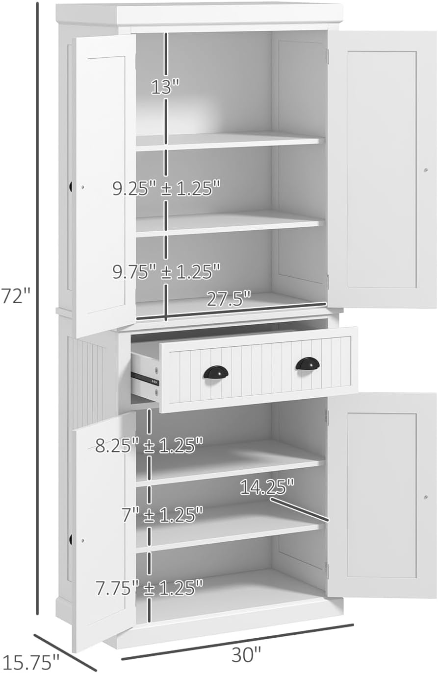 72" Farmhouse Kitchen Pantry Cabinet with Drawer and Adjustable Shelves - White