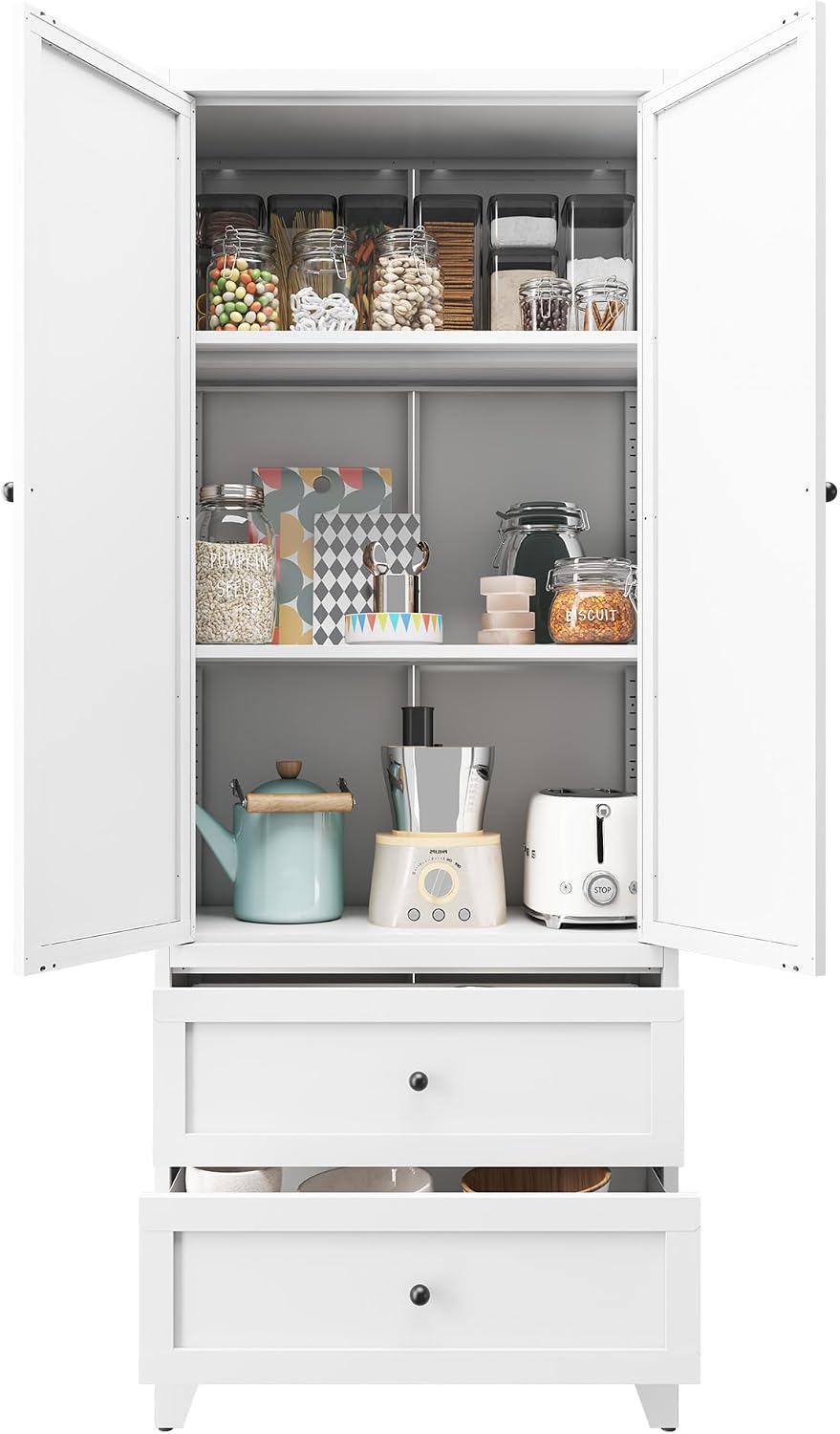 72" Tall Kitchen Pantry Cabinet, White Cabinets with 2 Drawers & Adjustable Shelves, Freestanding Metal Storage Cabinet for Living Room, Dining Room, Bathroom