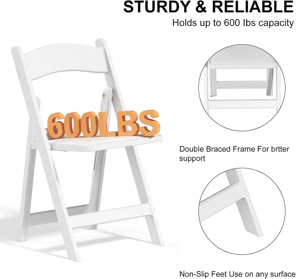 60 Pack Resin Folding Chairs with Cushion - White Folding Chairs, Lightweight Plastic Chairs, Comfortable Foldable Chairs for Wedding, Party, Home, Event, Indoor/Outdoor Use, 600lbs Capacity