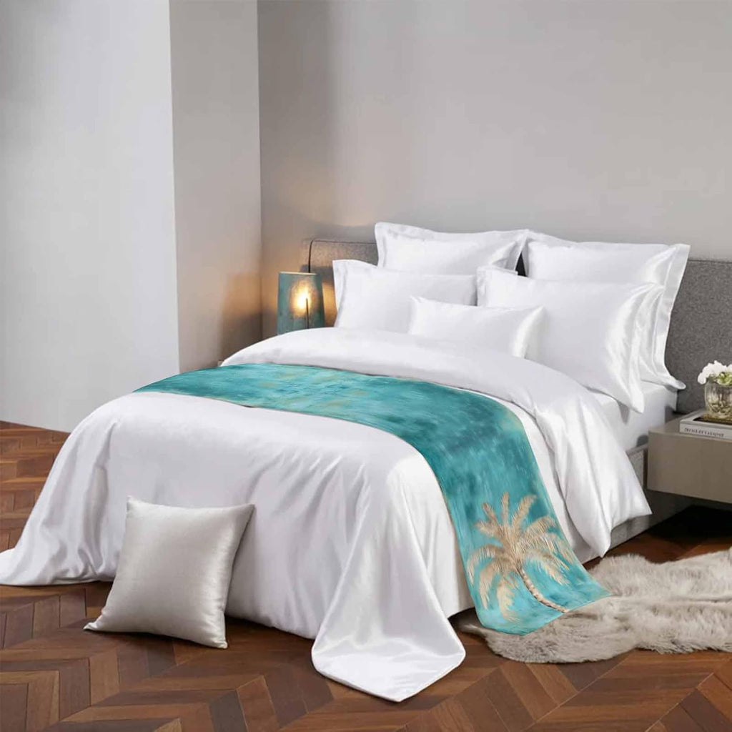 Coastal Beach Tree Bed Runner Scarf King Size, Vintage Teal Brown Tropical Palm Tree Luxury Bed Throw Runners & Scarves for Twin Full Queen King Foot of Beds, Bedroom Decoration, 94"x20"
