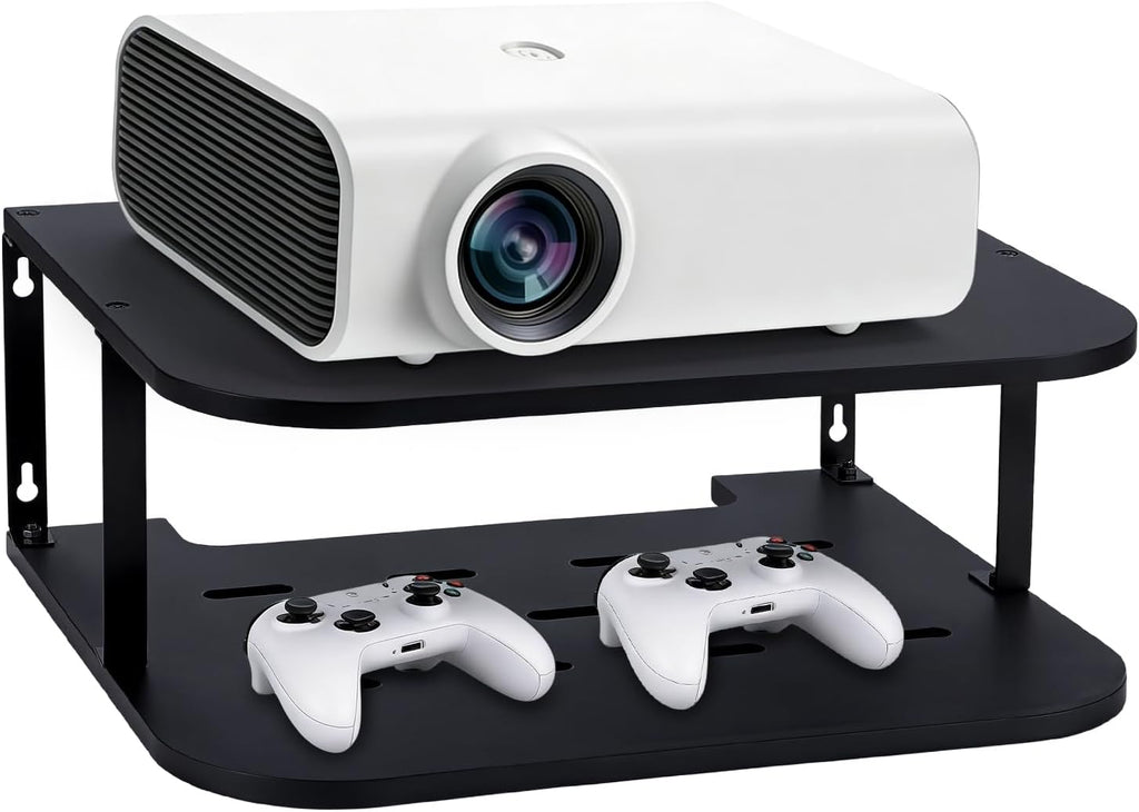 Black Projector Shelf for Wall 2 Tier Floating Projector Wall Mount Pine Wood Game Shelf Stand for Xbox Router Holder Stand Accessories