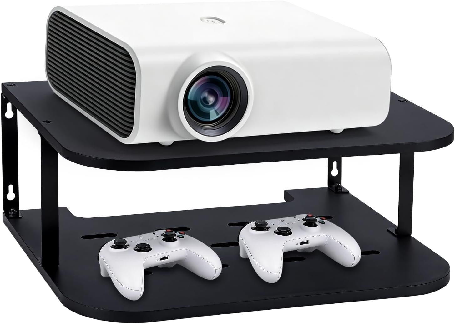 Black Projector Shelf for Wall 2 Tier Floating Projector Wall Mount Pine Wood Game Shelf Stand for Xbox Router Holder Stand Accessories