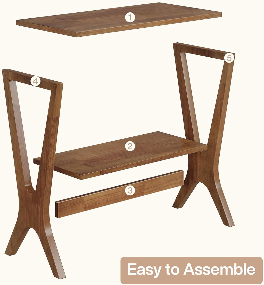 Solid Wood End Table for Living Room, 2-Tier Storage Shelves Sofa Couch Side Table with Sturdy Legs, Wooden Narrow Retro Nightstand for Small Spaces, Bedroom, Apartment