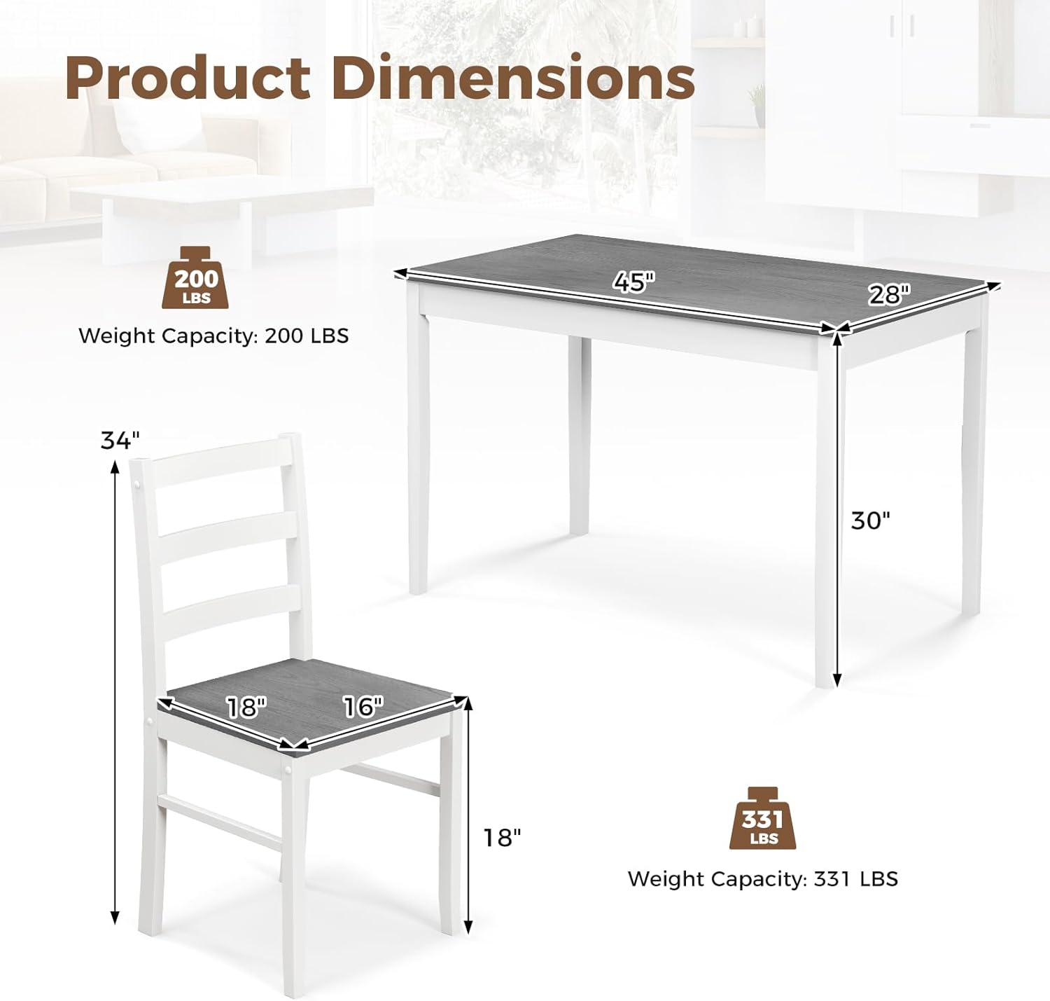 COSTWAY Dining Table Set for 4, 5-Piece Dinette Set with Rubber Wood Legs, Anti-Slip Pads & Space-Saving Design, Farmhouse Kitchen Table and Chairs for Kitchen, Apartment, Studio