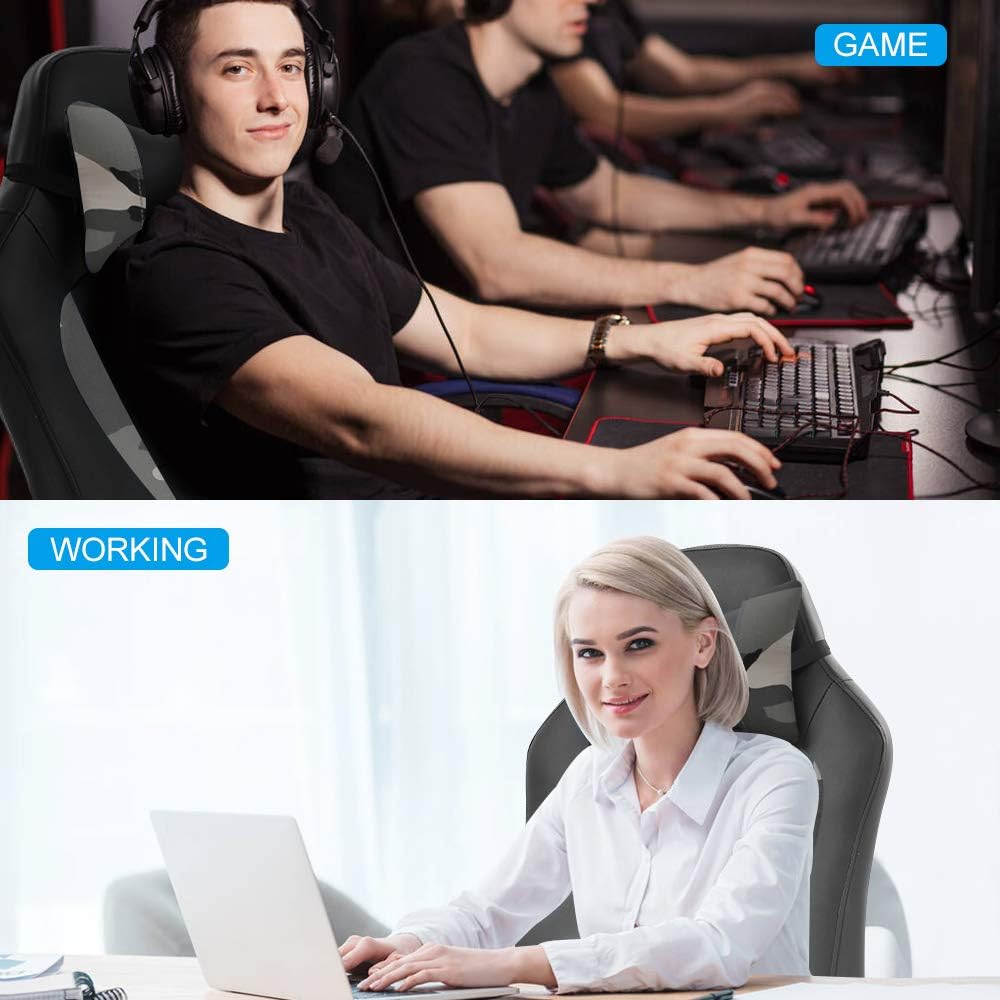 Meet Perfect Gaming Ergonomic Office Desk Chair - Leather Computer With Lumbar Support and Head Pillow - Modern Executive Adjustable Rolling Swivel Task for Home Office, Camo