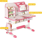 Kids Desk and Chair Set, Study Table and Chair, Desk for Kids, Children's Desks with Golden Distance Design, Homeschooling Writing Desk with Desktop for Boys and Girls (Pink 3)