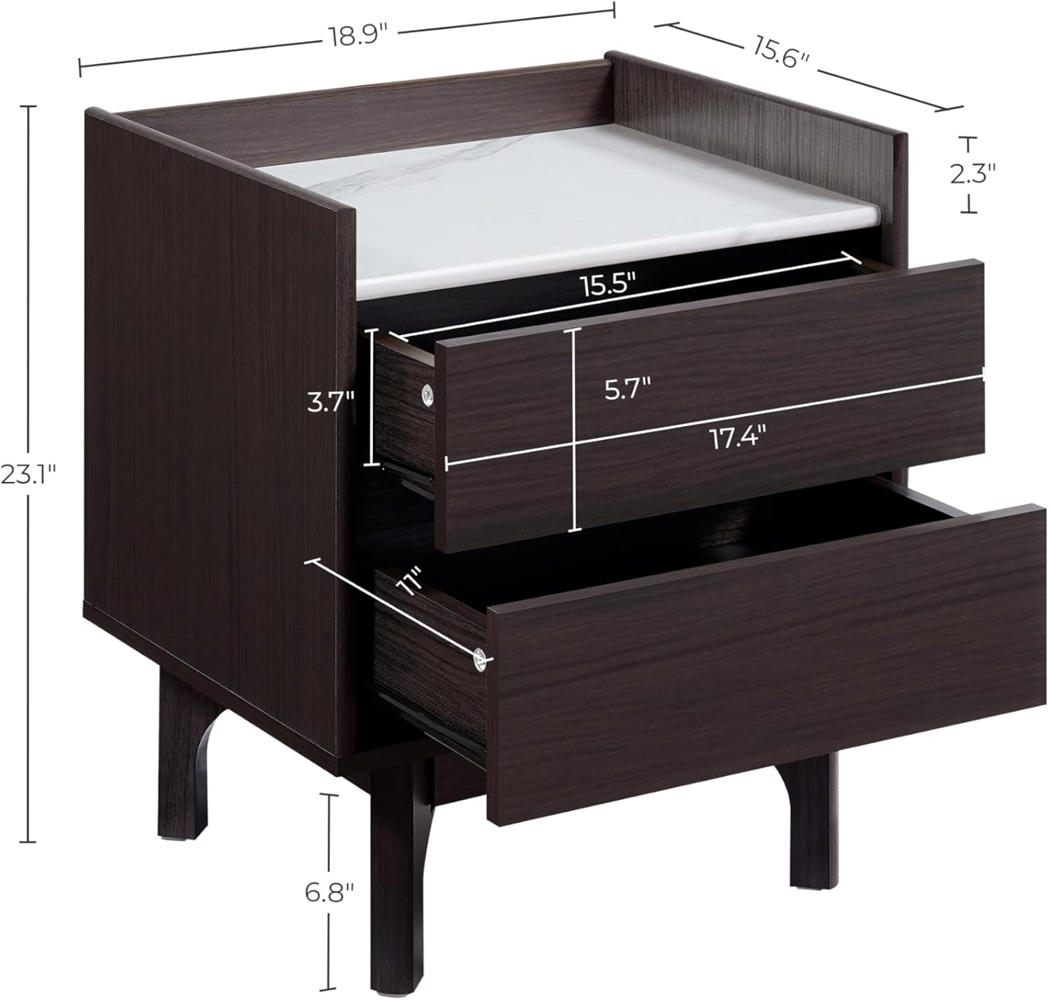 LuxenHome Modern 2 Drawers Nightstand with Faux Marble Top, 23'' Wood Accent Side Tables with Storage, Tray-Edge Design Bedside Table for Bedroom Living Room Sofa Office, End Table for Small Spaces