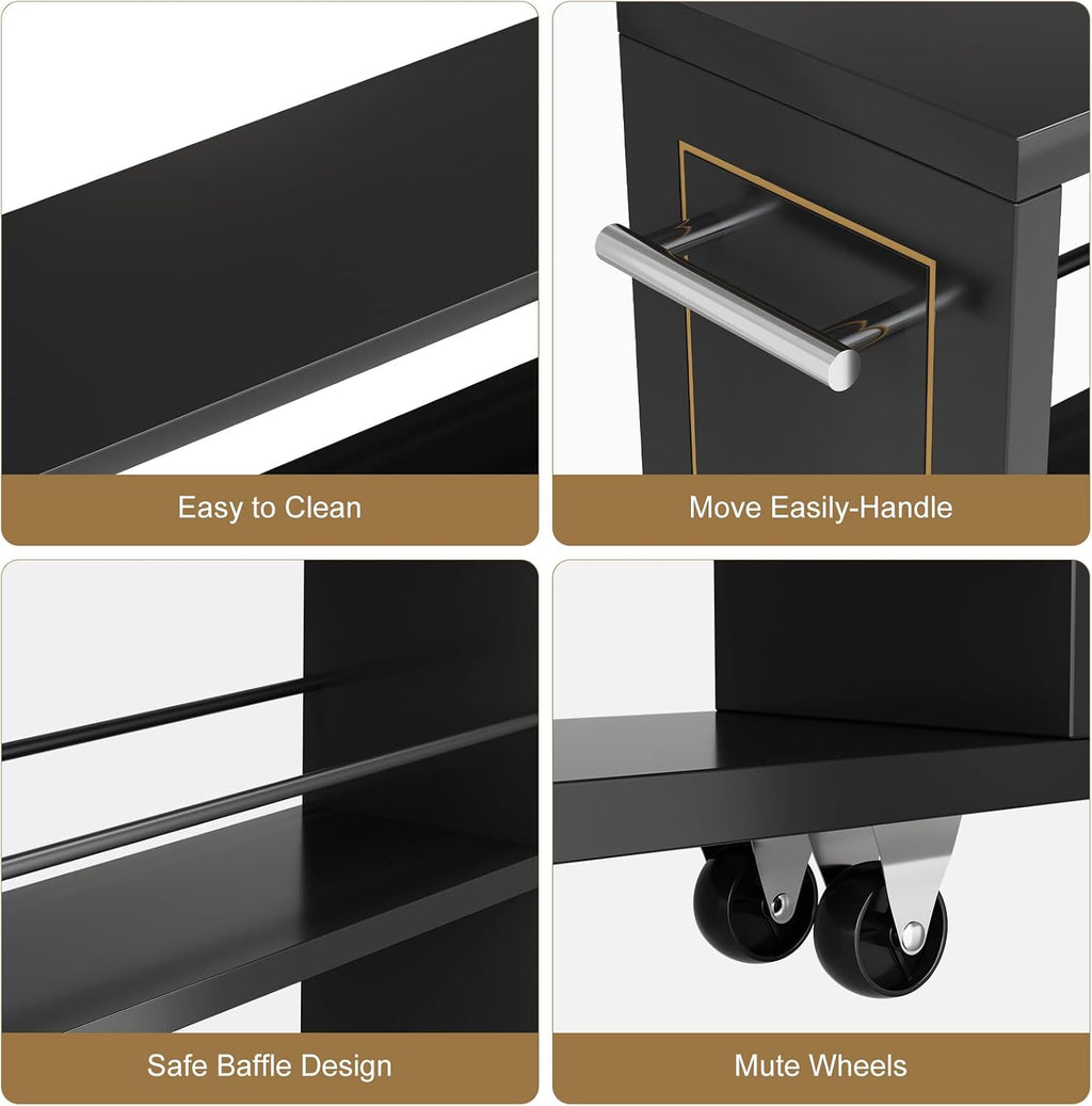 KLM 4 Tier Black Slim Storage Cart with Handle, Slide Out Storage Rolling Utility Cart for Kitchen, Laundry, Narrow Places-6.7" W