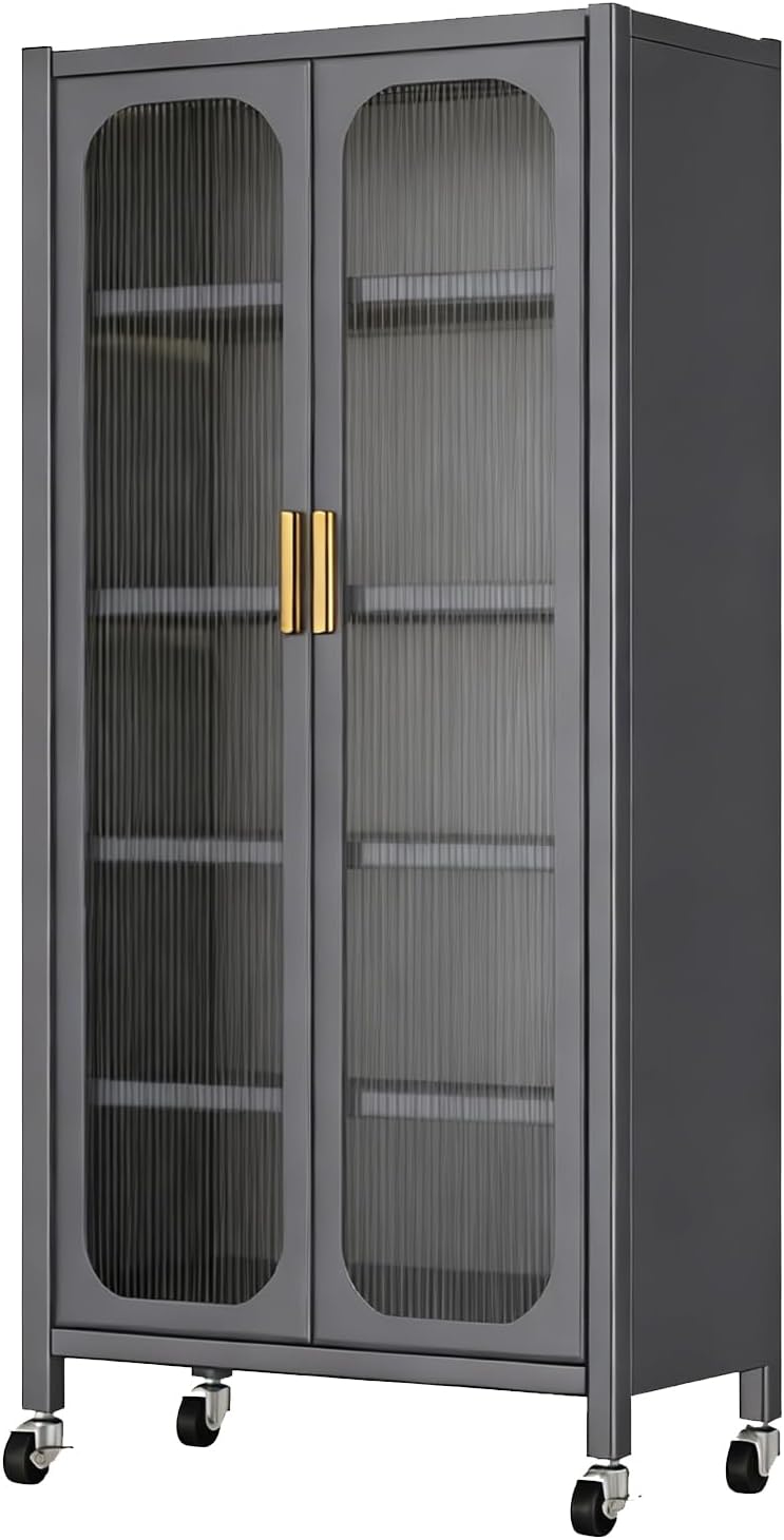 65" Tall Kitchen Pantry Storage Cabinet, 6 Tier Metal Display Storage Cabinet with Magnetic Doors & Adjustable Shelves, Rolling Food Pantries for Kitchen, Living Room and Dining Room, Gray