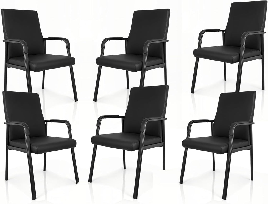 Leather Office Guest Chair, Guest Conference Room Chair, 600 LBS Capacity High Back Reception Chair with Padded Armrests, No Wheels, Black - 6 Pack