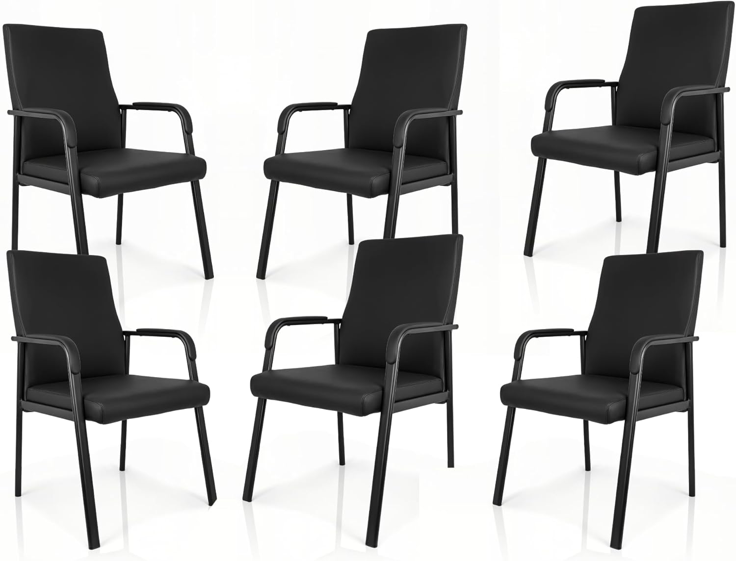 Leather Office Guest Chair, Guest Conference Room Chair, 600 LBS Capacity High Back Reception Chair with Padded Armrests, No Wheels, Black - 6 Pack