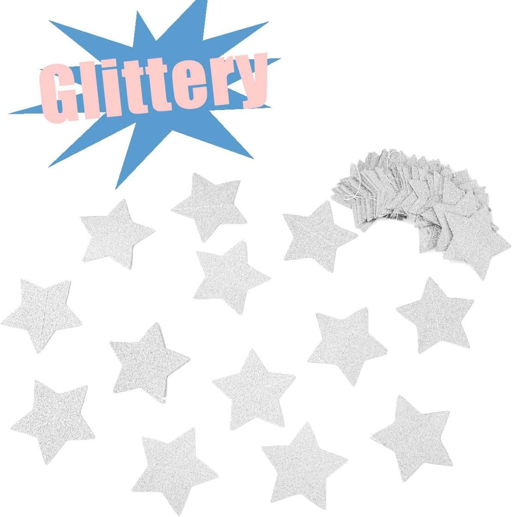 6 Pcs Glitter Silver Star Paper Garland Christmas Birthday Party Decorations Sparkling Bunting Banner Hanging Decorations for Bridal Shower Baby Shower Bachelorette Party Wedding Holiday (50 Feet)