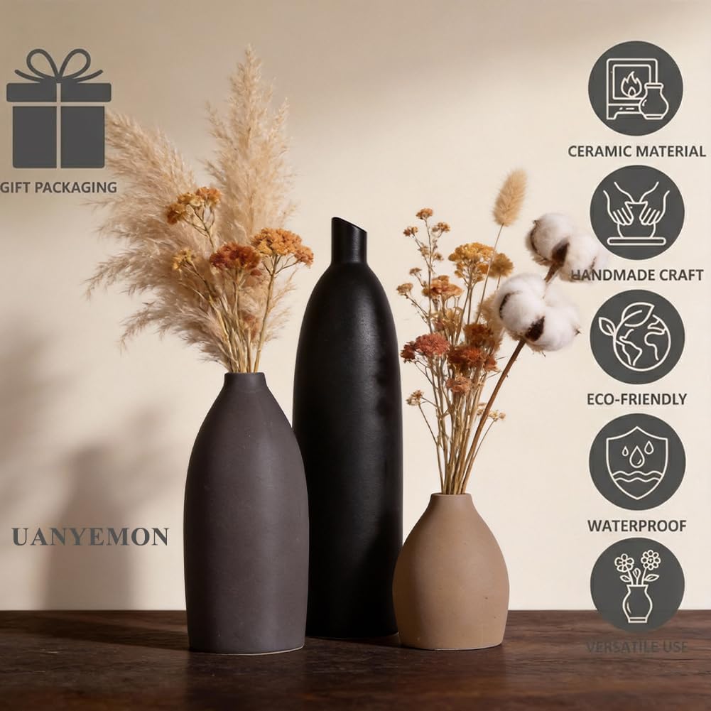Ceramic Vase Set of 3 - Modern Boho Farmhouse Home Decor Flower Vases for Living Room, Kitchen Island, Dining Table Centerpiece Decor, Office Shelf, Fireplace Mantle Decorations (Black Taupe Mix)