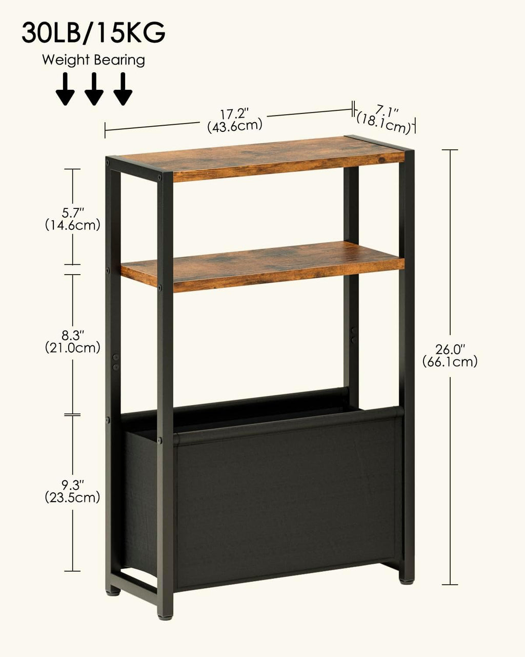 Narrow Side Table End Table, 3-Tier Side Table with Storage Bag, Narrow Nightstand for Small Spaces, Bedside Table for Living Room, Bedroom, Rustic Brown