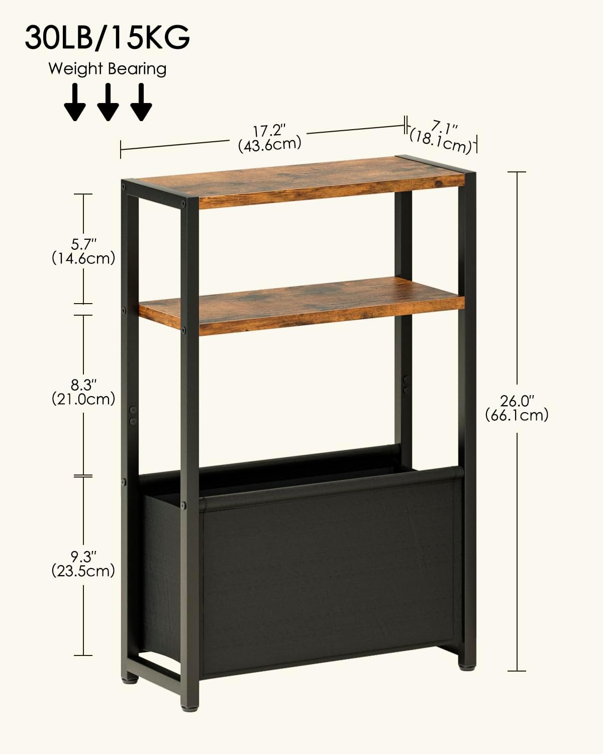 Narrow Side Table End Table, 3-Tier Side Table with Storage Bag, Narrow Nightstand for Small Spaces, Bedside Table for Living Room, Bedroom, Rustic Brown