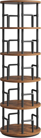 MAHANCRIS Rotating Bookshelf, 5-Tier Book Shelf, 360° Spinning Bookcase, Freestanding Storage Shelf with Guardrails, for Small Space, Living Room, Bedroom, Home Office, Rustic Brown and Black BKHR4501