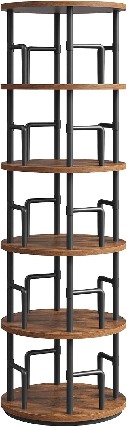MAHANCRIS Rotating Bookshelf, 5-Tier Book Shelf, 360° Spinning Bookcase, Freestanding Storage Shelf with Guardrails, for Small Space, Living Room, Bedroom, Home Office, Rustic Brown and Black BKHR4501