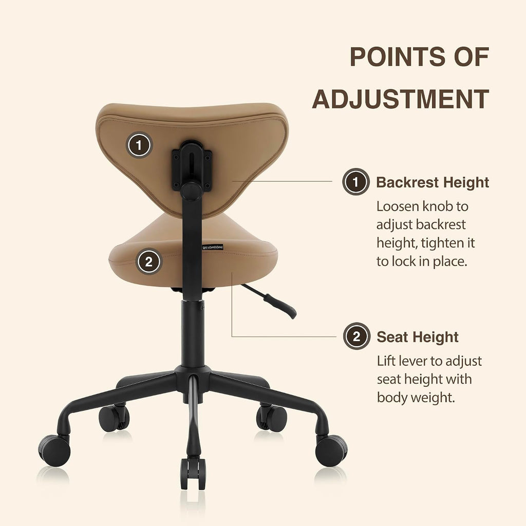 Ergonomic Saddle Seat Adjustable Pneumatic Hydraulic Drafting Swivel Rolling Stool Chair for Medical Hygienic SPA Massage Salon Home and Office - Hilo 508 (Tan, with Backrest)