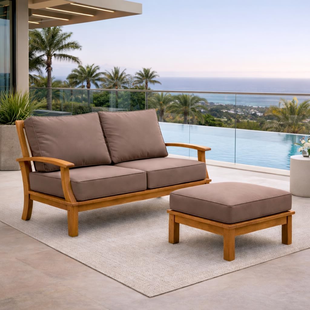 Hives & Honey Pavilion Teak Ottoman – Grade-A Teak Outdoor Footrest with Weather-Resistant Sunproof Cushion, 25.7" Square, Tan