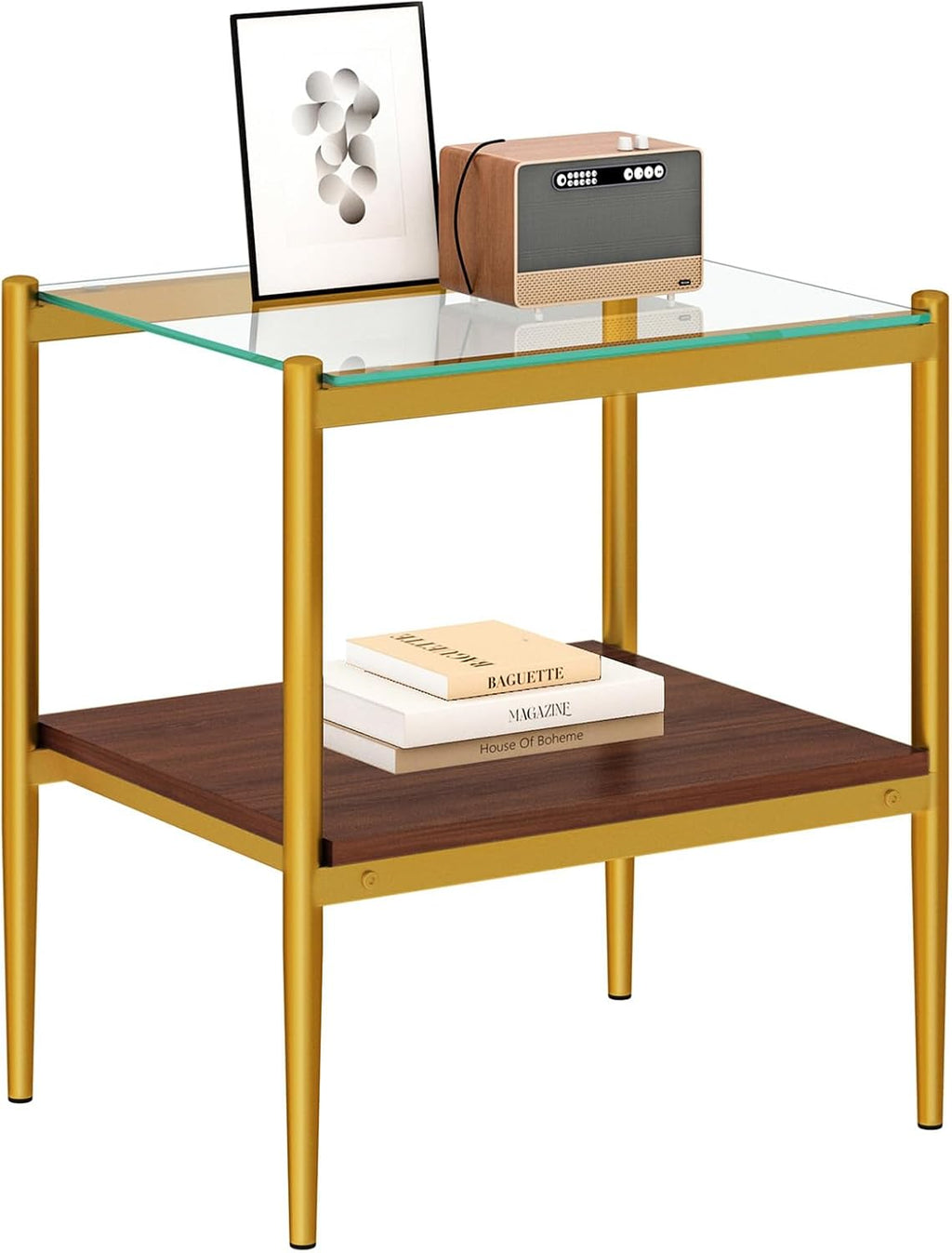 Modern Tempered Glass End Table, 19.1"L x 15.35"W Side Table with Sturdy Iron Legs & MDF Storage Shelf, Modern Table for Living Room, Bedroom, Small Spaces, Easy Assembly (Gold + Brown + Transparent)