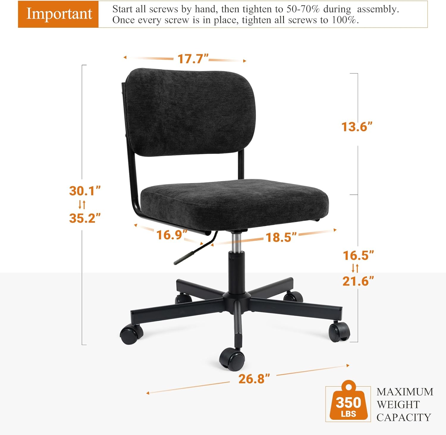 Vanity Chair with Wheels, Cute Armless Desk Chair with Back, Height Adjustable Swivel Small Office Chair, Comfy Fabric Computer Task Chair for Bedroom, Study, Dressing Room Black