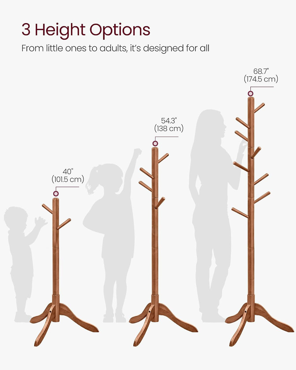 VASAGLE Solid Wood Coat Rack, Free Standing Tree-Shaped Coat Rack with 8 Hooks, 3 Height Options, for Clothes, Hats, Bags, Living Room, Bedroom, Home Office, Caramel Brown URCR01WN