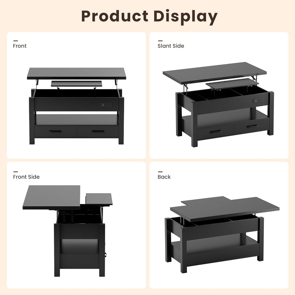 MALOL 40" Smart Lift Top Coffee Table for Living Room, 4 in 1 Multi-Function Modern Coffee Tables with Storage Drawers, LED Light and Charging Station, Farmhouse Wood Coffee Table, Black